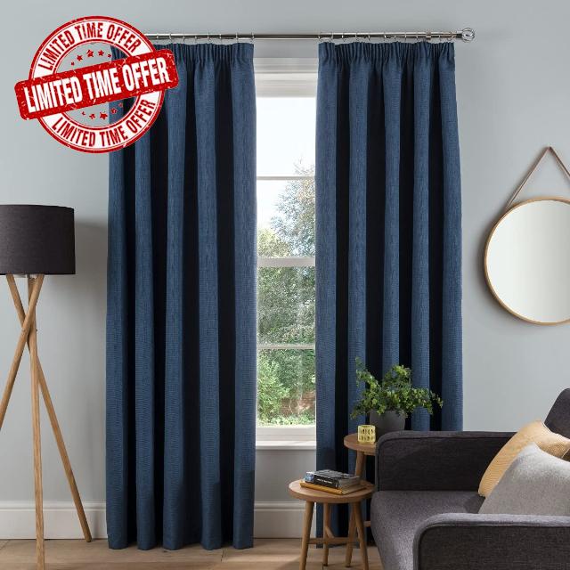 Sleepdown Textured Rib Weave Pencil Pleat Blackout Lined Curtains Thermal Insulated for Bedroom and Living Room 66 x 54 Inch Navy 2 Panels