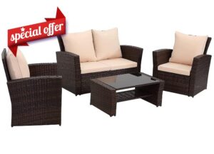 Esterno Living Luxury Garden Furniture Set. Brown Wicker Chairs and 4 Seater Sofa in Woven Outdoor Rattan With Table For Use on Balcony