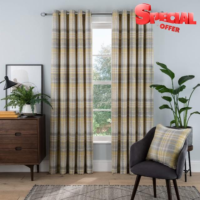 Sleepdown Woven Brushed Check Eyelet Lined Curtains for Bedroom and Living Room 66 x 90 Inch Ochre 2 Panels