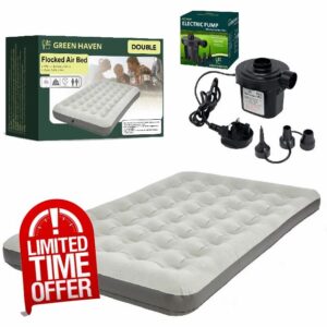 Green Haven Grey Double Blow up Camping bed + AC Electric Air pump | Waterproof Double Airbed Inflatable Mattress | Camping Electric Pump for Inflatables with 3 Nozzles | Quick Inflatable Mattress