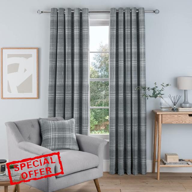 Sleepdown Woven Brushed Check Eyelet Lined Curtains for Bedroom and Living Room 66 x 90 Inch Grey 2 Panels