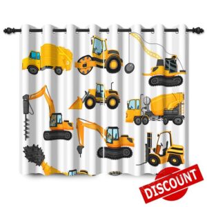 YONGFOTO 117x229cm Construction Truck Blackout Curtains Cartoon Excavator Crane Digger Yellow Heavy Machinery Car for Living Room Children's Bedroom Window Drapes