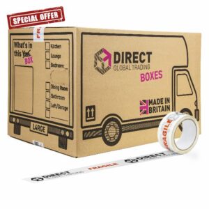 25 Strong Large Cardboard Storage Packing Moving House Boxes with Fragile Tape 52cm x 30cm x 30cm 47 Litres Carry Handles and Room Lis