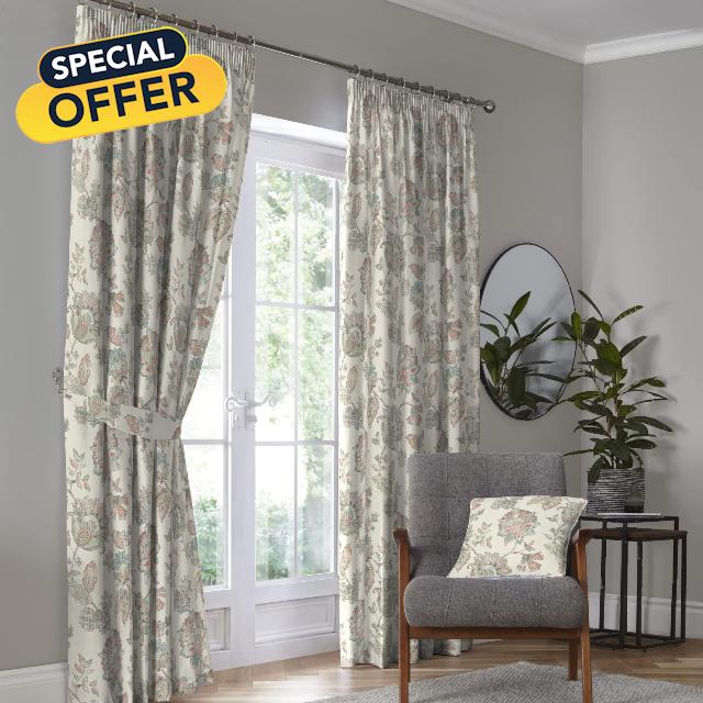 Dreams & Drapes Curtains - Indira - 100% Cotton Pair of Pencil Pleat Curtains With Tie-Backs - 66" Width x 90" Drop (168 x 229cm) in Coral/Natural