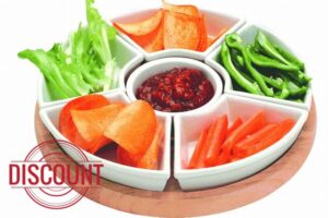 apollo THE HOUSEWARES BRAND Rotating Lazy Susan Dip Set - Hevea Wood with 6 Ceramic Dishes - Size 35cm - Light Brown / White Ceramic Dishes