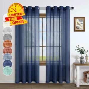 Navy Curtains 96 Inches Long for Living Room Pair Set 2 Panels Gommet Eyelet Light Voile Linen Woven Drapes Blue Semi Sheer Curtains for Dining Room Home Office Kids Room Home Decor 52x96 Inch Length