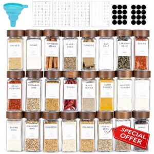 Yangbaga 24PCS Glass Spice Jars set-Glass Jars With Wooden Lids with Shaker Lids- Spices & Seasoning -Kitchen Storage & Organisation of Spice Jars With Lids And Labels Stickers…