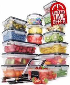 Food Storage Containers Set (32 Piece Set) - 16 Airtight Plastic Containers with 16 Snap Lids - Leak Proof Kitchen & Pantry Containers - BPA-Free - Chalkboard Labels & Marke