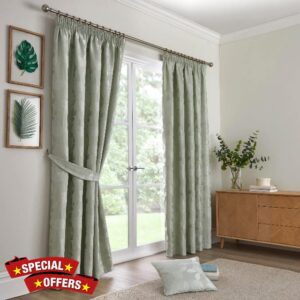 Curtina - Bramford - Jacquard Pair of Pencil Pleat Curtains - 66" Width x 54" Drop (168 x 137cm) in Gree