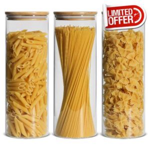 ComSaf Glass Spaghetti Pasta Storage Container with Lids 2200ml Set of 3
