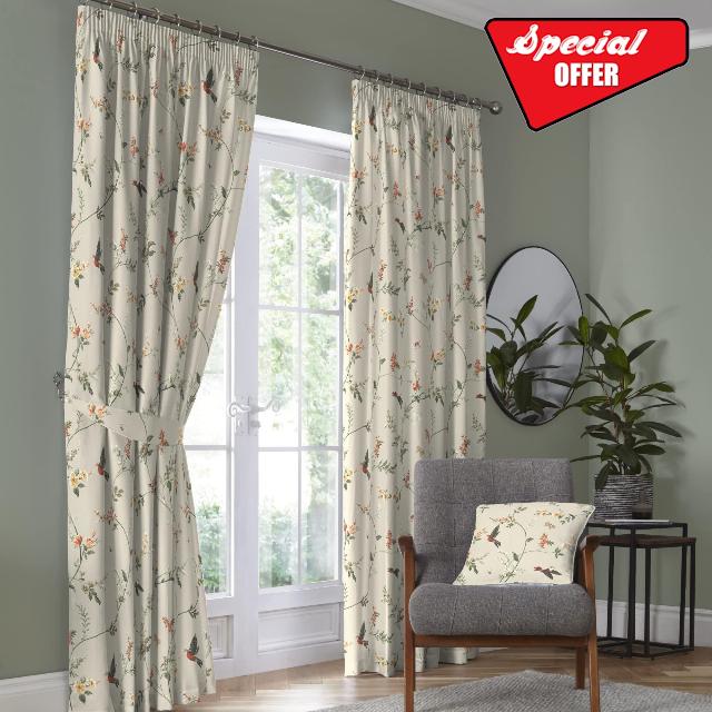 Dreams & Drapes Curtains - Darnley - 100% Cotton Pair of Pencil Pleat Curtains With Tie-Backs - 66" Width x 72" Drop (168 x 183cm) in Coral/Natural