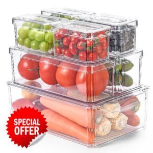 ECUCM Set of 7 Fridge Organisers Stackable Storage Containers with Lids Clear Plastic Storage Bins for Fruits Vegetable Freezer Kitchen Pantry Cabinet Cupboard