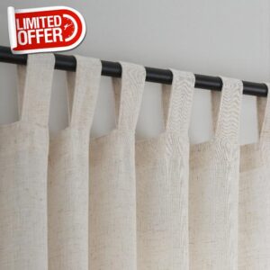VOILYBIRD Natural Linen Semi Sheer Curtains Tab Top Light Filtering Elegant Curtains & Drapes for Living Room 52 x 96 Inches Long