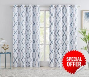 Fmfunctex Blue Blackout Window Curtains for Bedroom Living Room 90 inch Long Modern Moroccan Pattern Print Grey Thermal Insulated Drapes Privacy Protection Window Treatment Sets Grommet Top