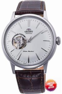 Orient 'Bambino Open Heart' Japanese Automatic Stainless Steel and Leather Dress Watch