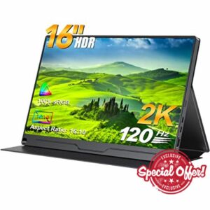 UPERFECT 120Hz Portable Monitor 16 Inch 2K Gaming Monitor Support Freesync/2560 x 1600/HDR/100% sRGB Laptop Monitor with VESA IPS 16:10 Contrast Standard HDMI/Type-C