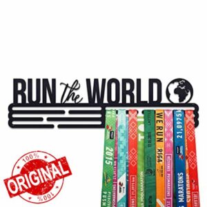 United Medals Run The World Sports Medal Hanger Display | Black Powder Coated Steel Holder Rack (3 Hang Bars Up to 48 Medals) | Wall Mount Frame