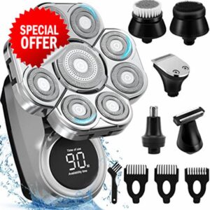 Electric Head Shaver for Bald Men 9D - 6-in-1 Bald Head Shaver for Men - Wet & Dry Waterproof Electric Razor - Nose Hair Beard Trimmer Clippers Facial Cleansing Brush - Rechargeable Men Grooming Ki