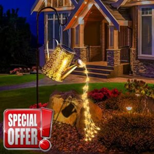 Solar Watering Can Lights Garden Ornaments - Waterproof Copper Outdoor Sculptures Ornament Star Led Fairy Art Decorative Lamp Hanging Yard (with Bracket)