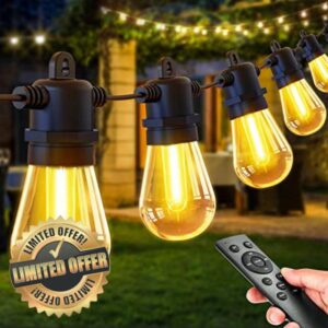 PBGMRT Outdoor Festoon Lights Mains Powered - 100ft/30m Outside String Lights 30+2 S14 LED Dimmable Bulbs with Remote