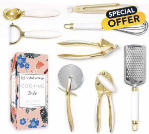 White & Gold Kitchen Tools and Gadgets - Luxe 8PC Cooking Tools and Gadgets with Anti-Slip Handles