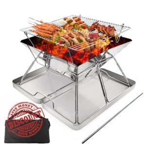 ZHZIRO BBQ Fire Pit Portable Campfire Pit Collapsible Stainless Steel Grill for Camping Picnic Patio Backyard and Garden with Fire Tube Carrying Bag(with Iron Carry Box)