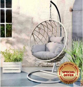 GardenCo Milan Hanging Egg Chair - Outdoor and Indoor Rattan Weave Swing Hammock - Hanging Stand (Grey)
