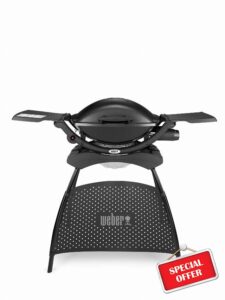 Weber Q2000 Gas Grill Barbeque with Stand & Foldable Side Tables | BBQ Grill & Char Griller | Cast Aluminium Lid Cover & Body | Portable Premium Classic Free-Standing Gas BBQ - Black (53010374)