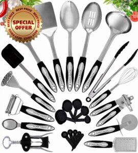 25 pcs Kitchen Utensils Stainless Steel - Non-Stick Kitchen Utensils Set - Stainless Steel and Silicone Cooking Utensils Set - Kitchen Tools Gadgets Accessories Spoons Turners Spatula Ladle Se