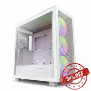 NZXT H7 Flow RGB CM-H71FW-R1 - Compact ATX Mid-Tower PC Gaming Case – High Airflow Perforated Front Panel – Tempered Glass Side Panel – 3 x F140 RGB Core Fans Included – 360mm Radiator Support – White