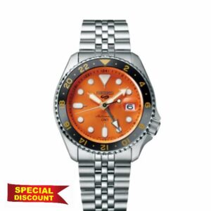 Seiko 5 Sports GMT WatchNation Exclusive Automatic Orange Dial Stainless Steel Bracelet Mens Watch SSK005K1