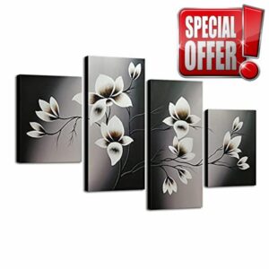 Wieco Art - Elegant Blooming Flowers 4 panels Modern 100% Hand Painted Floral Oil Paintings Artwork on Canvas Wall Art Set Ready to Hang for Living Room Bedroom Deco