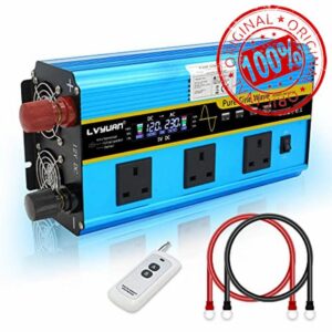 LVYUAN 2500W /5000W Pure Sine Wave Power Inverter DC 12V to AC 230V/240V Converter with LCD & Wireless Remote Controller & 3 AC Sockets & 4 USB Ports & 4 Convection Fans