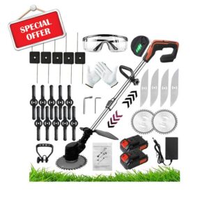 Strimmers Electric Cordless Grass Strimmer Metal Blade Strimmer with Power Display 24V ×2 Lithium Battery Fast Charger and Four Kinds Spare Blades for Garden Clearing Weeds Flower Trees