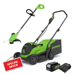 Greenworks Electric Lawn Mower 24V 33cm 30L Grass Catcher Box GD24LM33 and Cordless Grass Trimmer 25cm G24LT25 Auto Feed Head incl. 1 Battery 4Ah & Charge