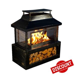 Neo Black Steel Outdoor Log Burner Burning Fire Pit Chiminea Heater Stove with Mesh Surround and Storage