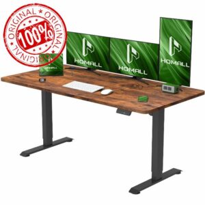 Homall 140x70cm Height Adjustable Electric with USB Charging Standing Desk with Wheels Sit Stand Desk with Wood Desktop Stand Up Desk with Headphone Holder Rustic Brow