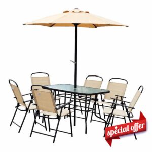 Outsunny 8 Pieces Dining Set Pation Furniture Garden Foldable Parasol with 6 Chairs 1 Table Beige