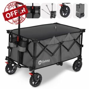 Sekey Folding Wagon with 220LBS Larger Capacity，Heavy Duty Festival Trolley on Big All-terrain Wheels with Brake