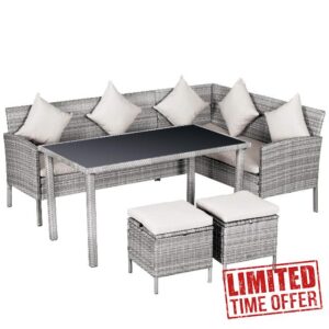 Outsunny Garden Outdoor 5 PCs Patio Rattan Corner Dining Set 6 Seater Wicker Sofa