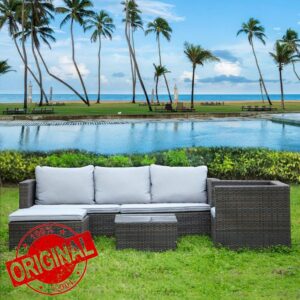 bigzzia Garden Furniture Set 5PC Rattan Modular Corner Sofa Set Garden Corner Sofa Coffee Table With Cushions