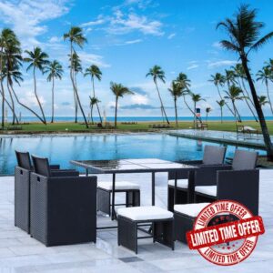 bigzzia 9PCS Rattan Chair Garden Furniture Set Outdoor Furniture With A Coffee Table 4 Comfortable Single Chairs (Black 2)