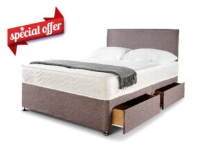 4FT Small Double Divan Bed Base with Mattress and Headboard – 4FT Slate Grey Linen Look Divan Bed with 2 Storage Drawers and Memory Foam Mattress 10”