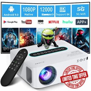 Xgody 4K Supported Projector w/ 5G WiFi Bluetooth,XGODY X1 Android TV Portable Smart Projector Native 1080P,12000 Lumens4D Correction Zoom Function Home Movie HD Video Projector Dolby Speaker w/ Apps