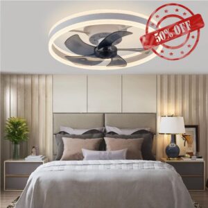 CHANFOK Ceiling Fan with Light - Flush Mount Modern Indoor 19.7" LED Dimmable Low Profile Ceiling Fans with Remote Control