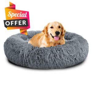 Mirkoo Dog Beds Calming Pet Bed for Large Medium Small Dogs (L/XL/XXL/XXXL) Washable Anti Anxiety Round Fluffy Long Plush Faux Fur Pet Bed