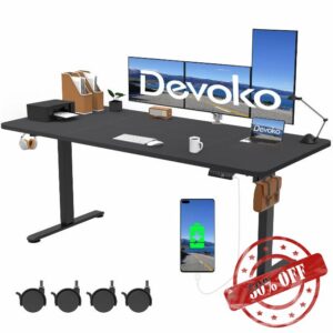 Devoko 180x80cm Electric Standing Desk with USB Charging Height Adjustable Desk with 3 Memory Setting Adjustable Desk with Time Reminder Sit Stand Desk with Lock Setting Electric Desk