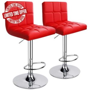 Leader Accessories Bar Stools (2/Set) Adjustable Bar Chairs Breakfast Dining Stools for Kitchen Island Counter PU Leather Double Stitching Square Back with decoration (Red)