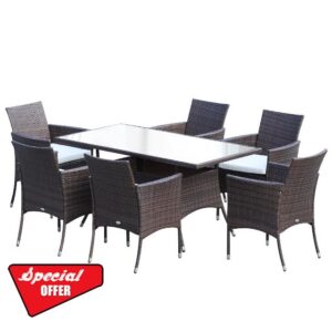 Outsunny Rattan Garden Furniture Dining Set 6-seater Patio Rectangular Table Cube Chairs Outdoor Fire Retardant Sponge Brow