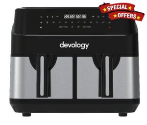 Devology Double Air Fryer - 10L - 2 x 5L Independent Dual Zone Air Fryer -50 Recipe Cookbook- 12 Cooking Programs - Digital LED Display Airfryer - Healthy Oil-free Fryer - Non Stick Kitchen Appliance